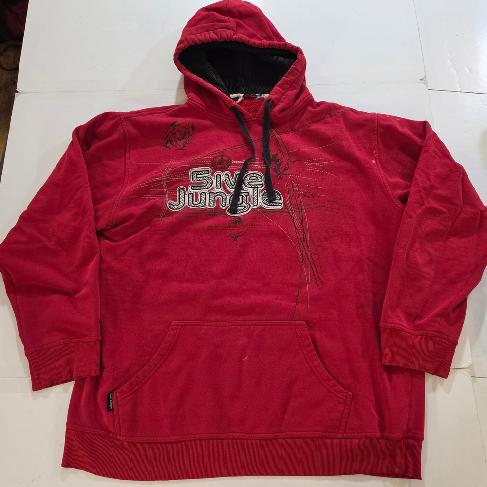 5ive Jungle Mens Red Graphic Pullover Hoodie Streetwear Waffle Lined Hood L